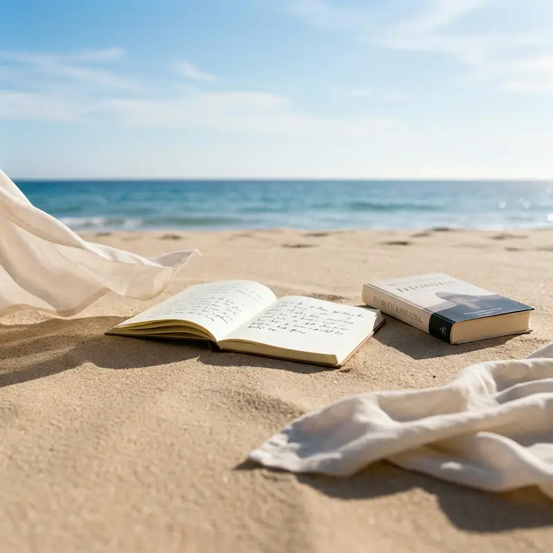 Carnet ouvert posé sur le sable face à l’océan, illustrant l’écriture d’un roman contemporain de résilience et de liberté.