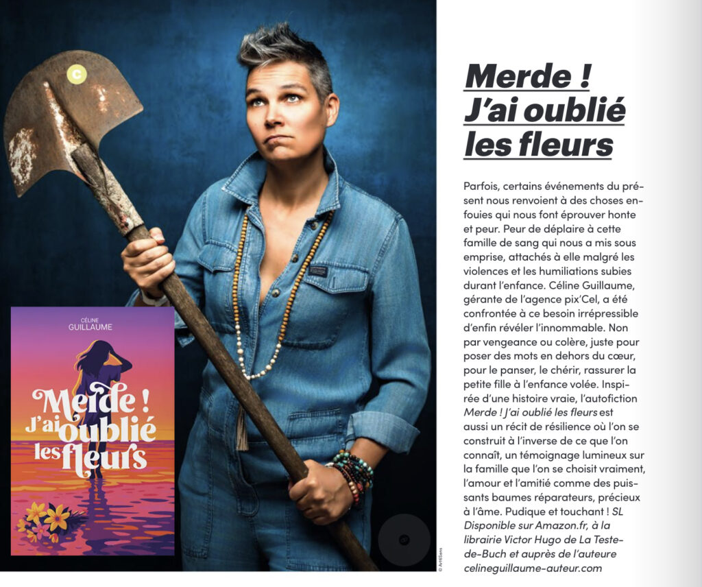 Encart du magazine Vivre le Bassin présentant le roman Merde ! j’ai oublié les fleurs de Céline Guillaume